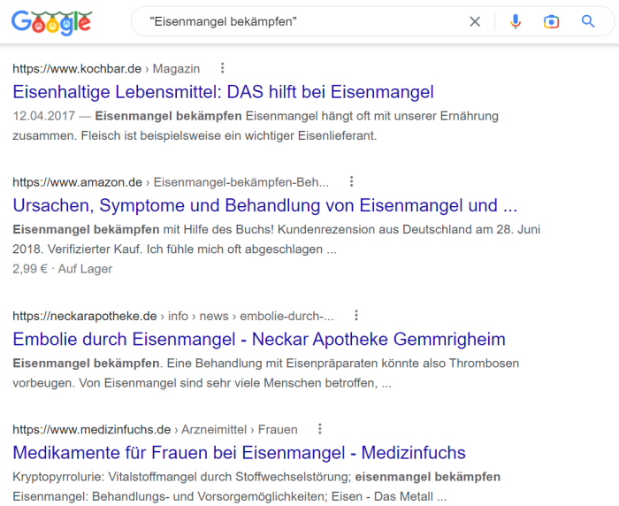 Abbildung 2: Auszug der Suchergebnisseite bei der exakten Suche nach "Eisenmangel bekämpfen". 