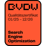 Qualitätszertifikat Search Engine Optimization des Bundesverbands Digitale Wirtschaft (BVDW) für Claneo, gültig 01/25 bis 12/26