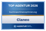 Auszeichnung Top Agentur 2026 in der Kategorie Suchmaschinenoptimierung von Agenturtipp für Claneo